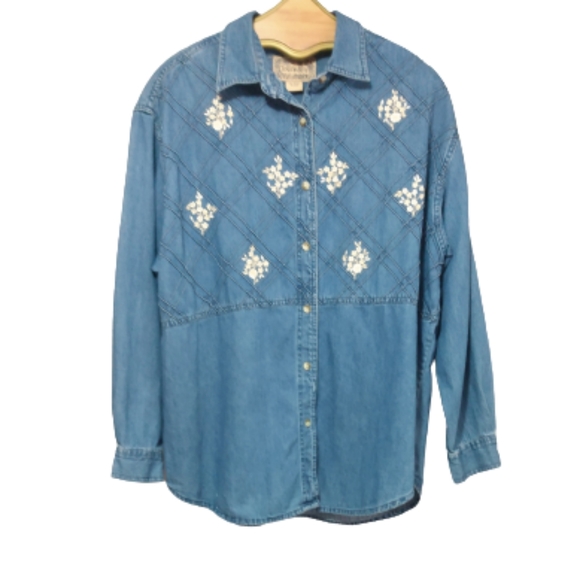 Tantrum Blues Blue Floral Embroidered Denim Blouse L - Picture 1 of 9